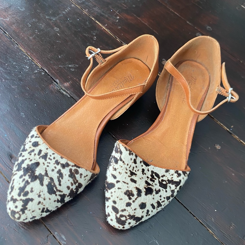 Madewell Spotted Cow Print Fur & Leather Flats with mini heel & Ankle Strap